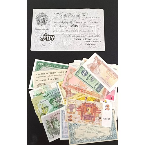 330 - A Bank of England £5 banknote, 9th June 1956, a Black Sheep Bank 1 Punt, and a small group of ... 