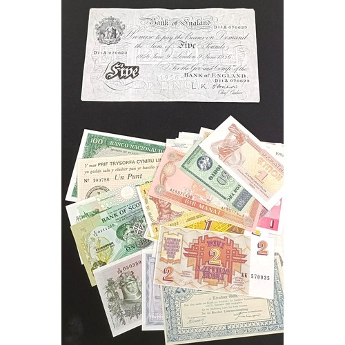 330 - A Bank of England £5 banknote, 9th June 1956, a Black Sheep Bank 1 Punt, and a small group of ... 