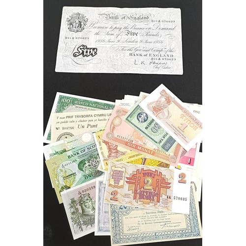 330 - A Bank of England £5 banknote, 9th June 1956, a Black Sheep Bank 1 Punt, and a small group of ... 