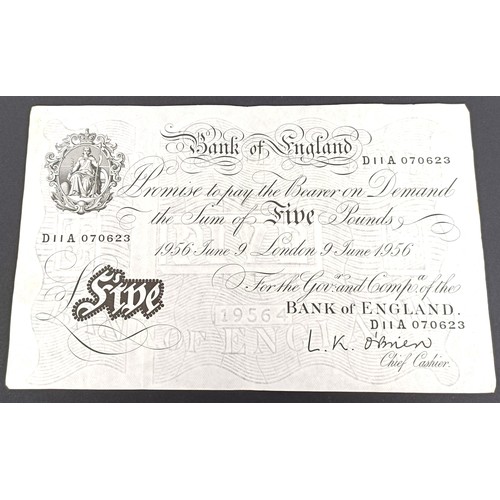 330 - A Bank of England £5 banknote, 9th June 1956, a Black Sheep Bank 1 Punt, and a small group of ... 