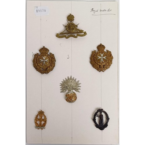 430 - Assorted military badges, including Derbyshire & Leicestershire Yeomanry, and the Royal Malta Mi... 