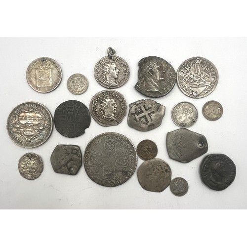 302 - A half crown, 1697, and other assorted coins and medallions, mostly poor condition/drilled