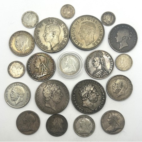 326 - Two George III crowns, 1890 and 1820, and other assorted coins and medallions...