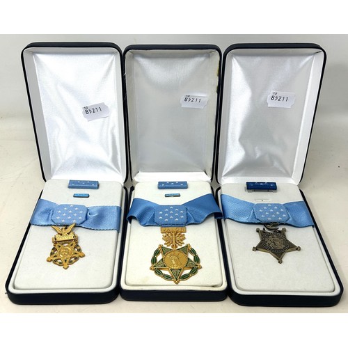 406 - Three US Medals of Honor, for the Navy, Army and Air Force, all cased (3)Provenance: On Instructions... 