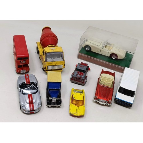 951 - Assorted play worn model cars, trucks and buses (box)