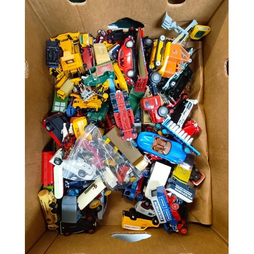 959 - Assorted model trucks, cars, trams and cranes, all unboxed and play worn (box)