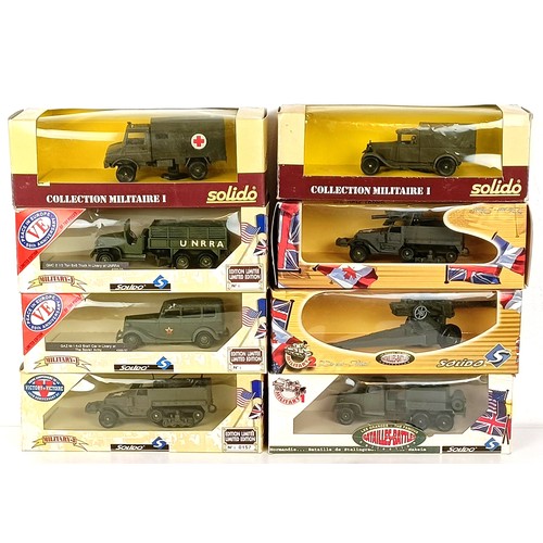 994 - Solido military vehicles, No 6021, 4595/05, 6203, 4595/07, 6115, and three others, all boxed (box)