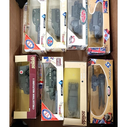 994 - Solido military vehicles, No 6021, 4595/05, 6203, 4595/07, 6115, and three others, all boxed (box)