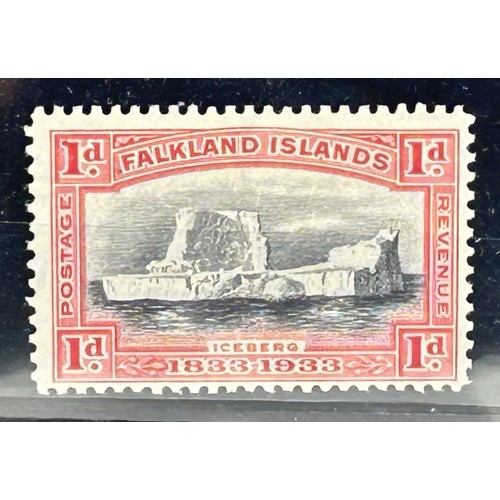 741 - Falkland Islands- 1933 Centenary 1d black and scarlet with variety ‘Thick serif to 1’, l... 