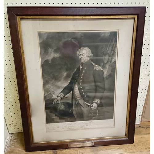 589 - A military portrait print of Lord Viscount Duncan, with a silver coloured metal plaque to frame, rea... 