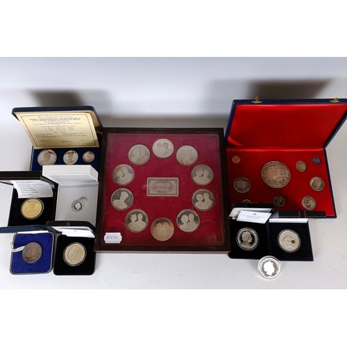 351 - Assorted silver proof coins, medallions and other items, mostly cased...