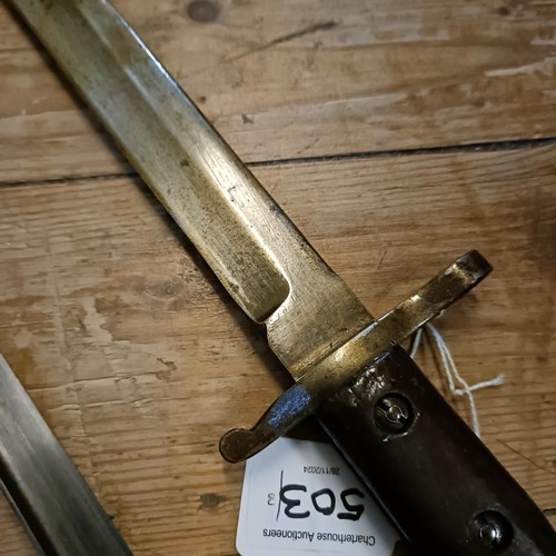 503 - Two French bayonets, 1878, with scabbards, and a Ross Rifle bayonet (3)