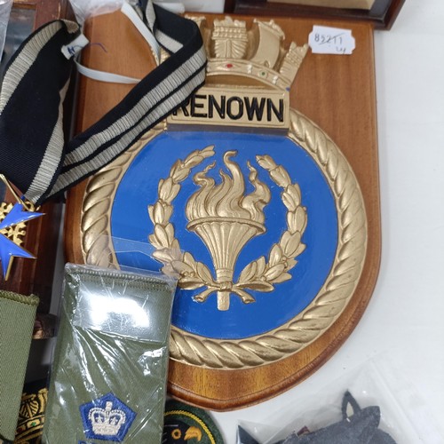 507 - A composition ship's crest, HMS Renown, various cloth badges, epaulettes, insignia and other items P... 