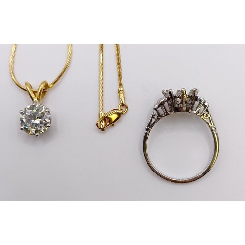 1602 - A 2ct diamond pendant, on an 18ct gold chain, with a white metal and diamond ring, which originally ... 