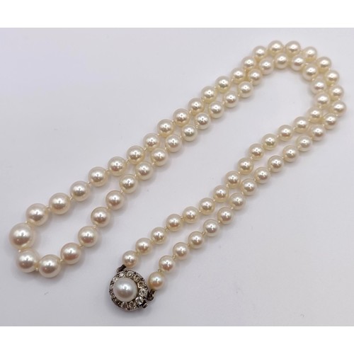 1605 - A cultured pearl necklace, with a diamond clasp, in a vintage jewellery box