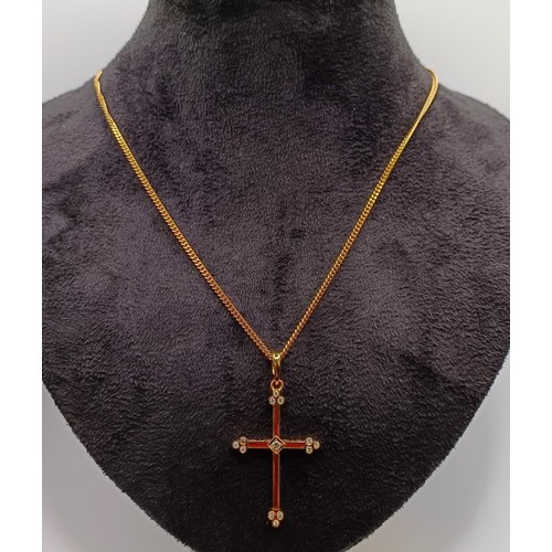 1613 - A modern Faberge 18ct gold, red enamel and diamond cross pendant with an 18ct gold chain, No F1897RT... 