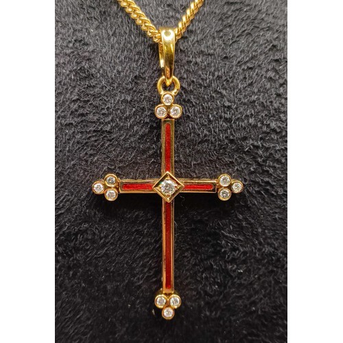 1613 - A modern Faberge 18ct gold, red enamel and diamond cross pendant with an 18ct gold chain, No F1897RT... 