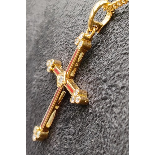 1613 - A modern Faberge 18ct gold, red enamel and diamond cross pendant with an 18ct gold chain, No F1897RT... 