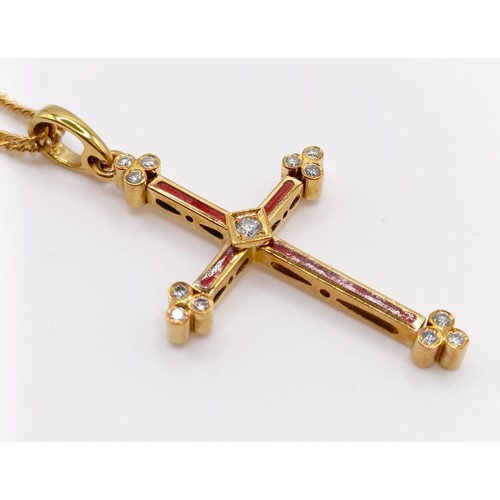 1613 - A modern Faberge 18ct gold, red enamel and diamond cross pendant with an 18ct gold chain, No F1897RT... 