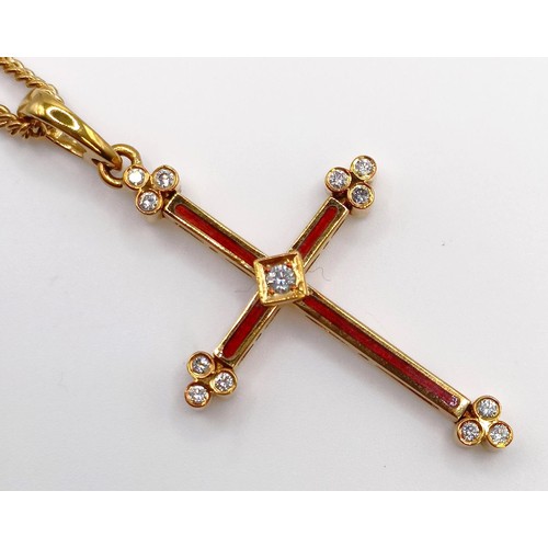 1613 - A modern Faberge 18ct gold, red enamel and diamond cross pendant with an 18ct gold chain, No F1897RT... 