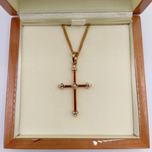 1613 - A modern Faberge 18ct gold, red enamel and diamond cross pendant with an 18ct gold chain, No F1897RT... 