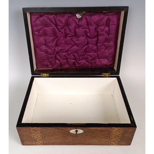 1076 - A Victorian burr walnut jewellery box, with parquetry inlaid decoration, 25 cm wide, a similar box, ... 