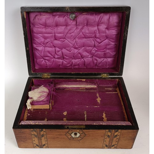 1076 - A Victorian burr walnut jewellery box, with parquetry inlaid decoration, 25 cm wide, a similar box, ... 