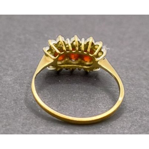 1634 - A yellow metal, red and white stone dress ring, ring size T, and another, ring size T (2)