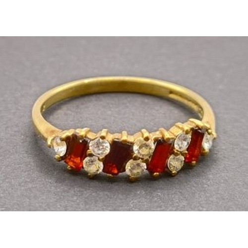 1634 - A yellow metal, red and white stone dress ring, ring size T, and another, ring size T (2)