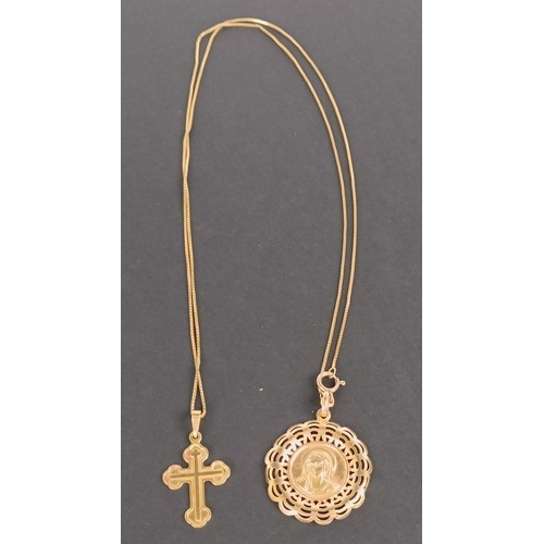 1687 - An 18ct gold pendant, on an 18ct gold chain, and yellow metal pendant cross, 10 g (all in)