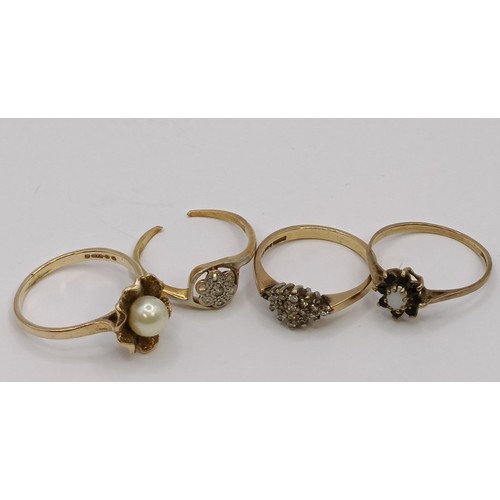 1689 - A 9ct gold and diamond cluster ring, ring size K, two other rings and a badge (4)