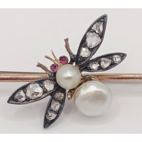 1729 - A cultured pearl and diamond bee bar brooch