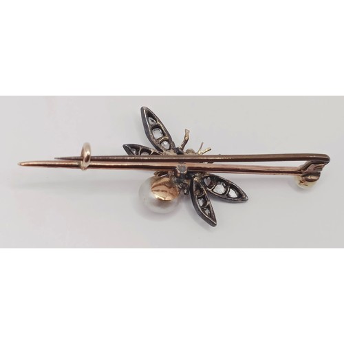 1729 - A cultured pearl and diamond bee bar brooch