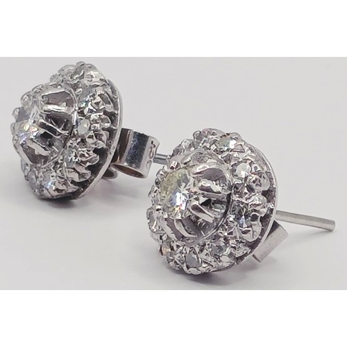 1737 - A pair of diamond cluster stud earrings, in a vintage jewellery box