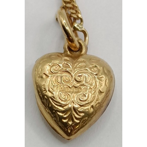 1770 - A 9ct gold chain, with a heart shaped pendant, a pair of yellow metal hoop earrings, and a micro-mos... 