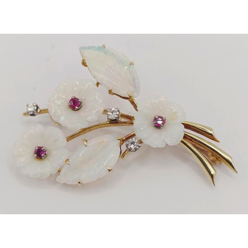 1782 - An 18ct gold, carved opal, ruby and diamond floral brooch