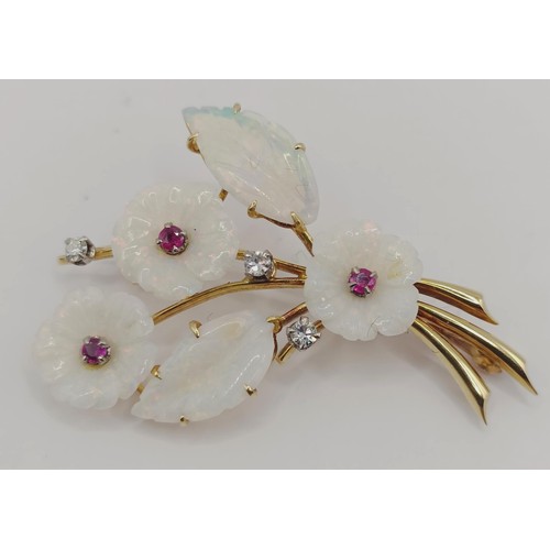 1782 - An 18ct gold, carved opal, ruby and diamond floral brooch