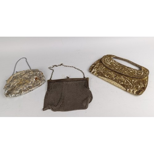 1799 - A beadwork bag, a silver plated purse and another purse (3)