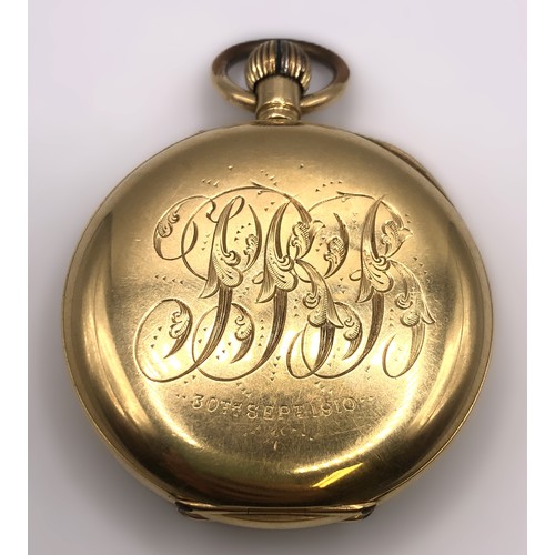 1810 - An 18ct gold open face pocket watch, with Roman numerals, in a fitted case