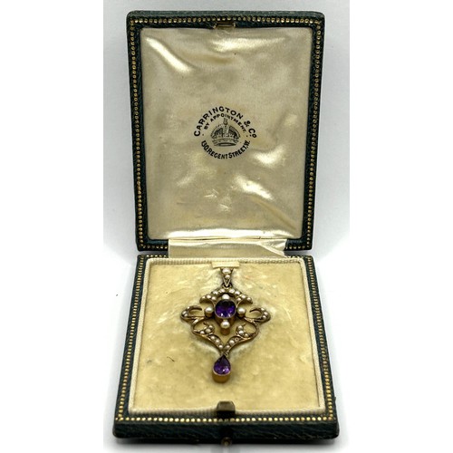 1673 - An Edwardian 9ct gold, seed pearl and amethyst pendant, in a fitted Carrington case