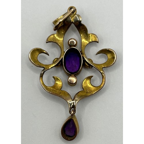 1673 - An Edwardian 9ct gold, seed pearl and amethyst pendant, in a fitted Carrington case