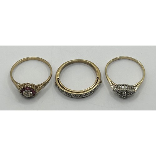 1739 - A 9ct gold and diamond ring, ring size N, and two other rings (3)