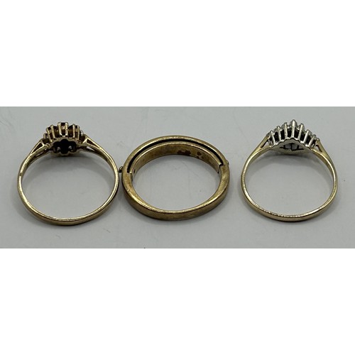 1739 - A 9ct gold and diamond ring, ring size N, and two other rings (3)