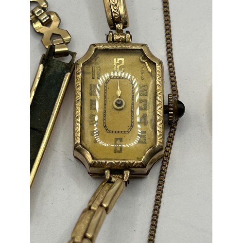 1769 - A 9ct gold ladies wristwatch, on a gold plated strap and three other watches (4)