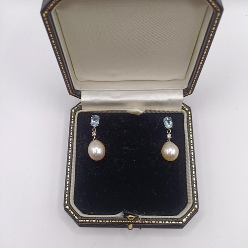 1733 - A pair of 18ct gold, diamond, aquamarine and cultured pearl earrings