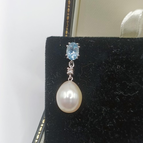 1733 - A pair of 18ct gold, diamond, aquamarine and cultured pearl earrings