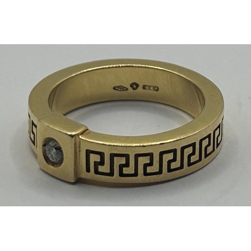 1629 - A Versace 18ct gold and diamond ring, with a Greek key pattern, ring size L 1/2, 8.8 g (all in)