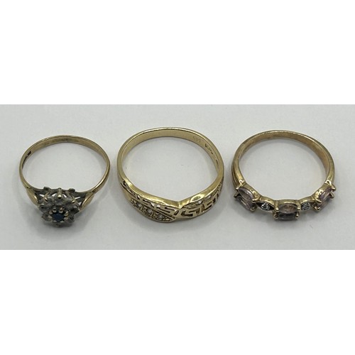 1654 - A 9ct gold and white stone ring, ring size O, and two other gem set rings (3)