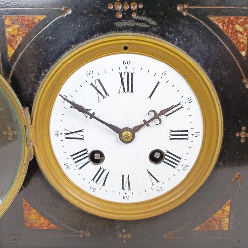 1209 - A Victorian black slate mantel clock, 30 cm high, a Japanese clock and a clock movement (3)