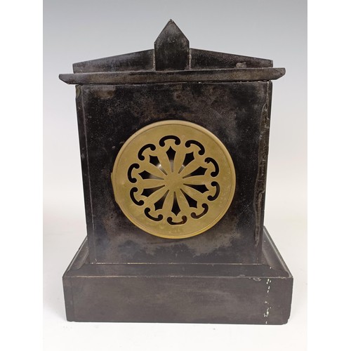 1209 - A Victorian black slate mantel clock, 30 cm high, a Japanese clock and a clock movement (3)